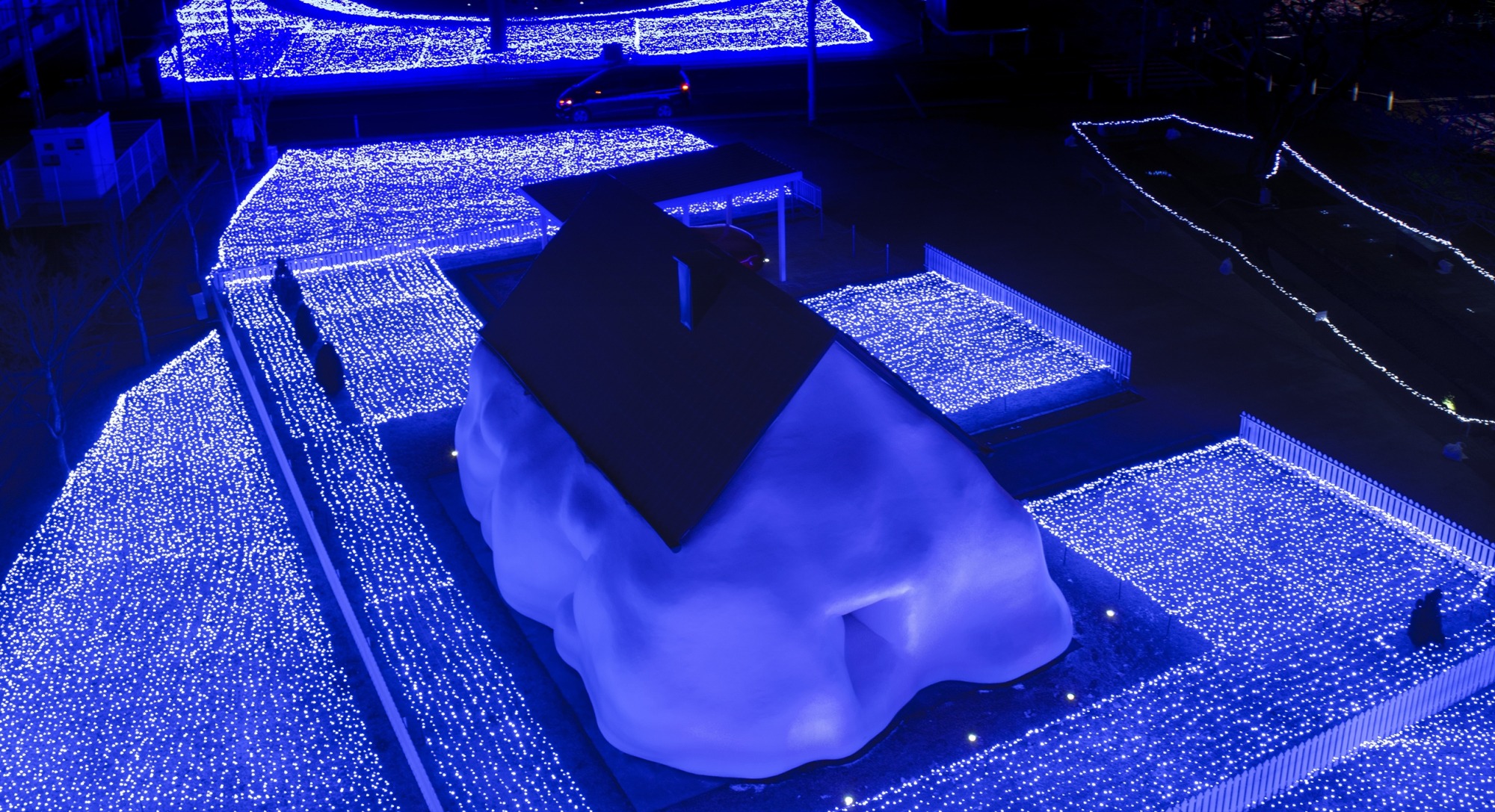 青く輝く光の絨毯とアートが調和する世界